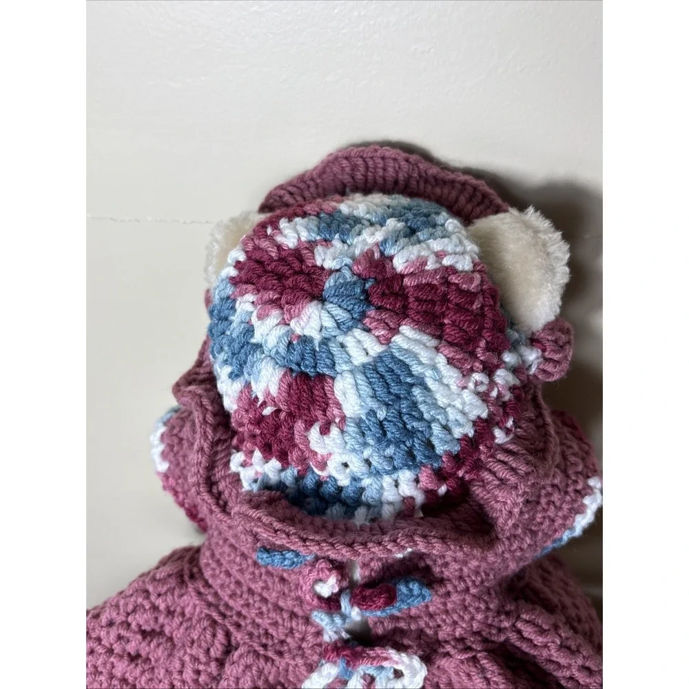 Bear In Handmade Crochet Dress W/ Hat Bear Has Movable Arms & Legs